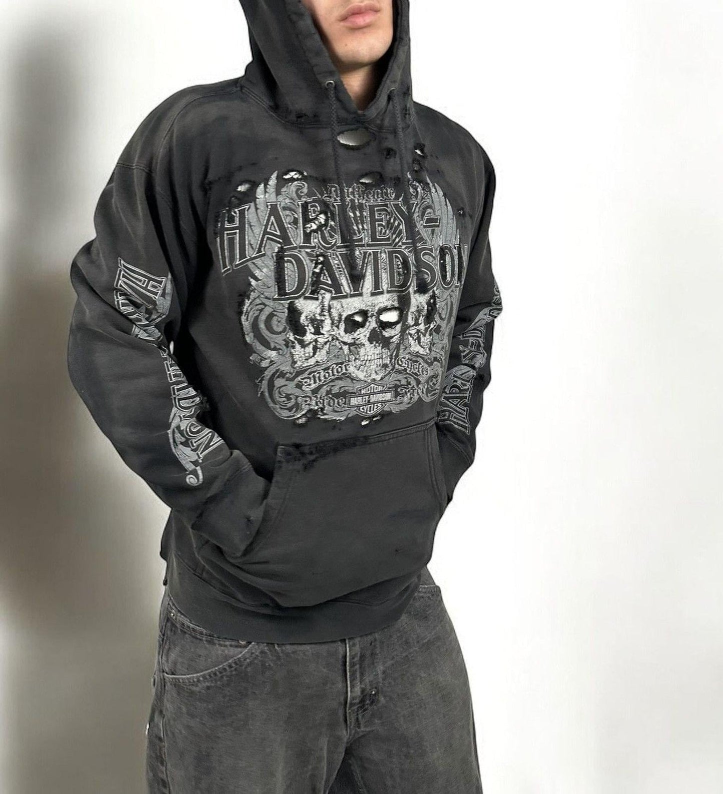 Vintage Thrashed Harley Davidson Skull Hoodie