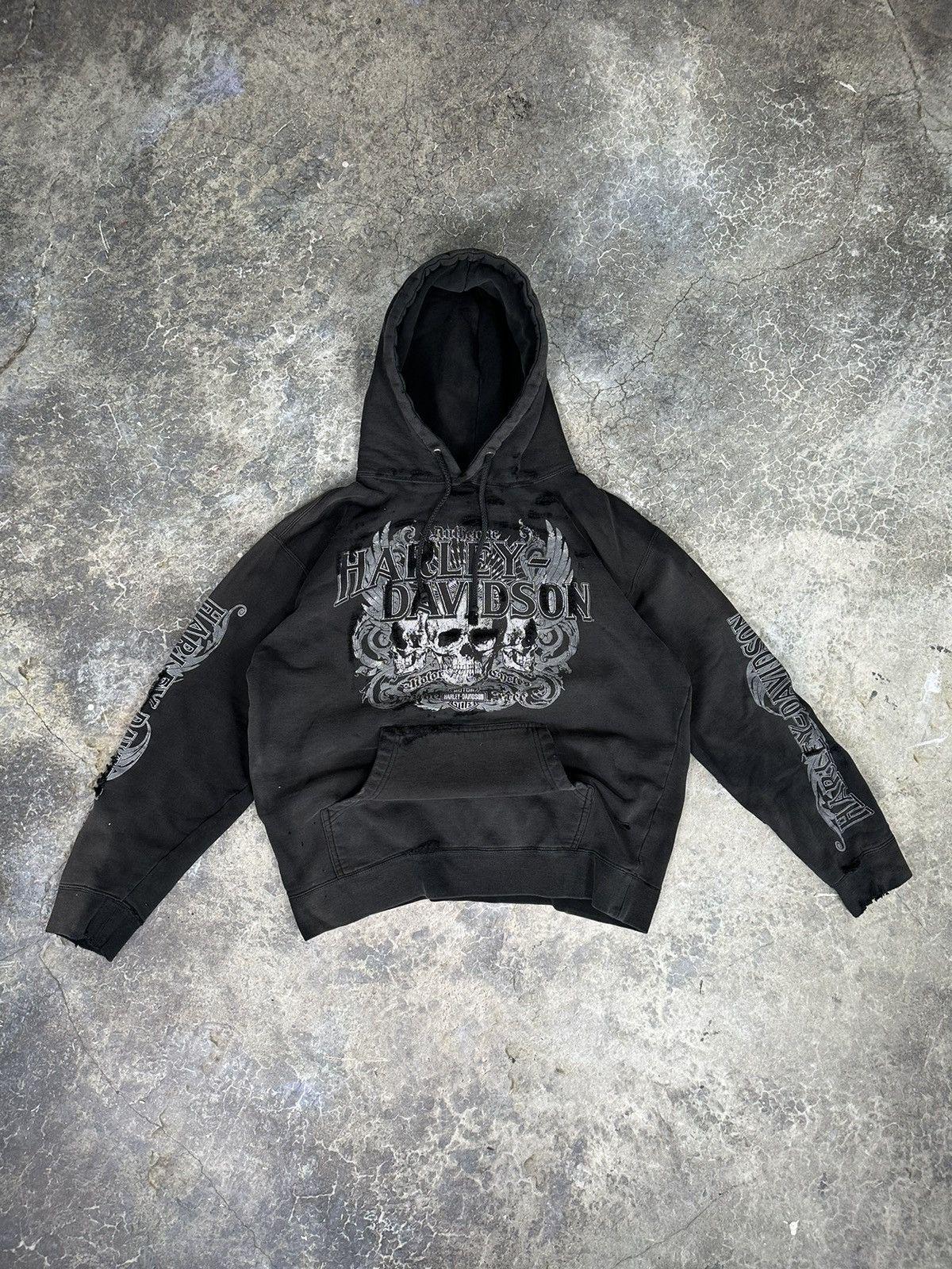 Vintage Thrashed Harley Davidson Skull Hoodie