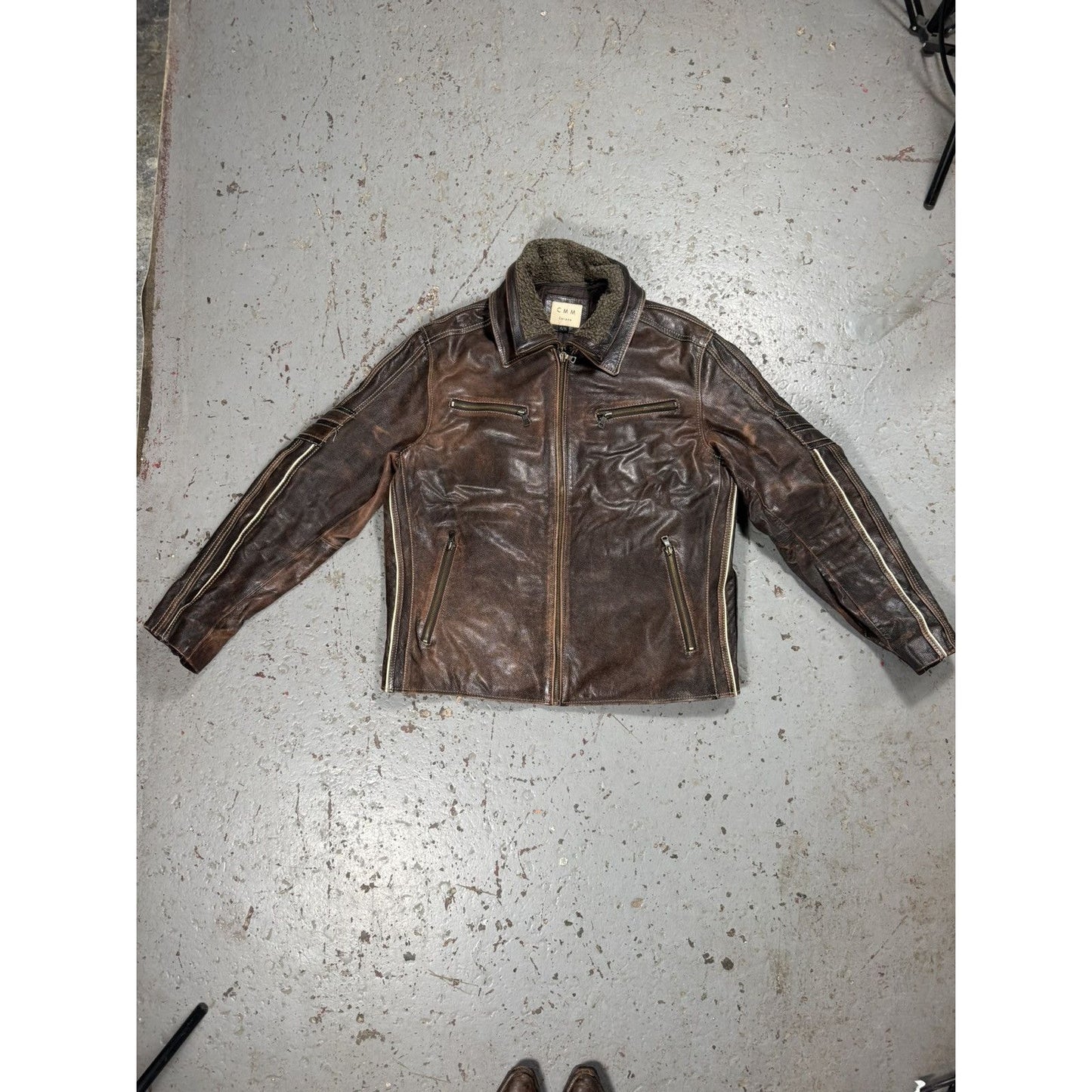 Vintage CMM Detachable Fur Collar Leather Faded Pinstripe Ja