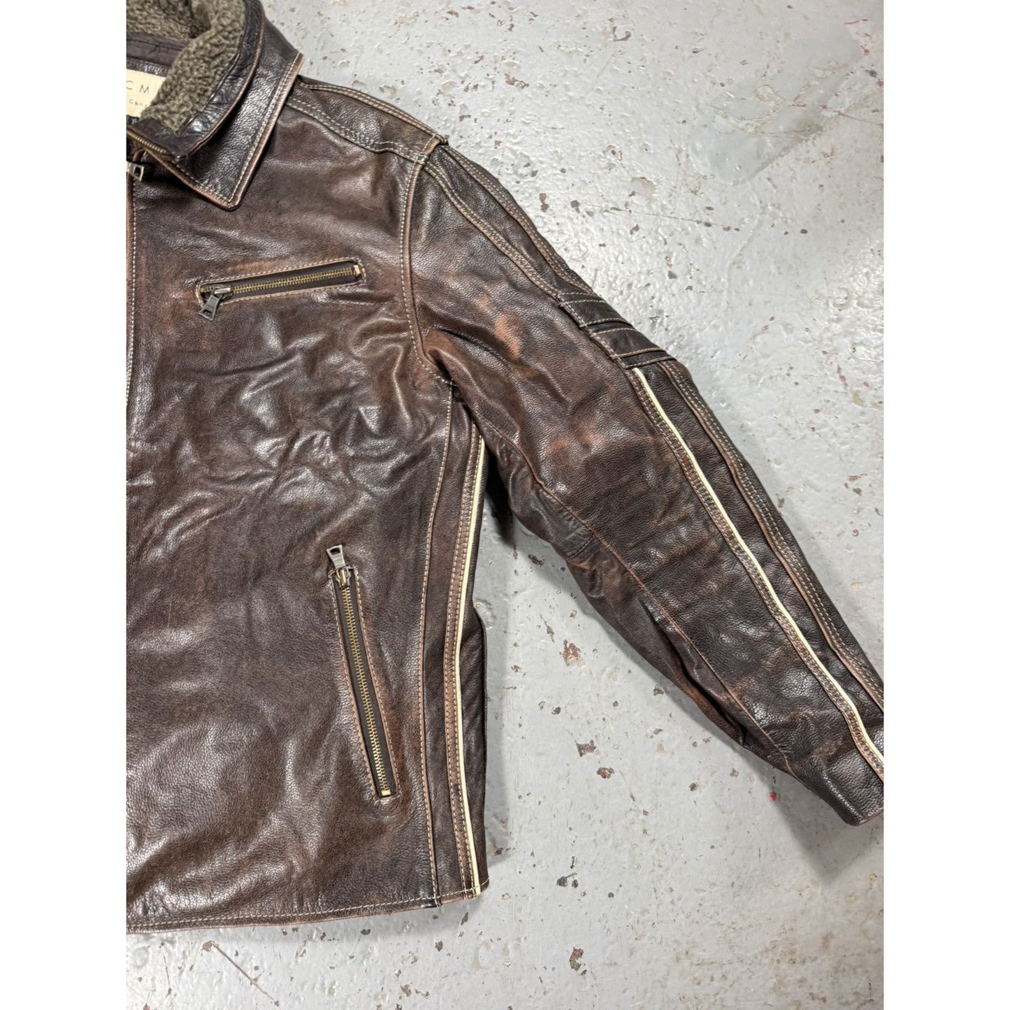 Vintage CMM Detachable Fur Collar Leather Faded Pinstripe Ja