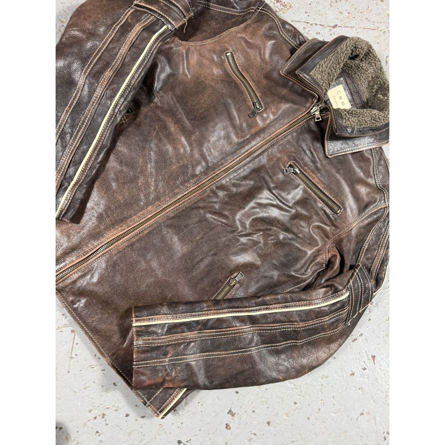 Vintage CMM Detachable Fur Collar Leather Faded Pinstripe Ja