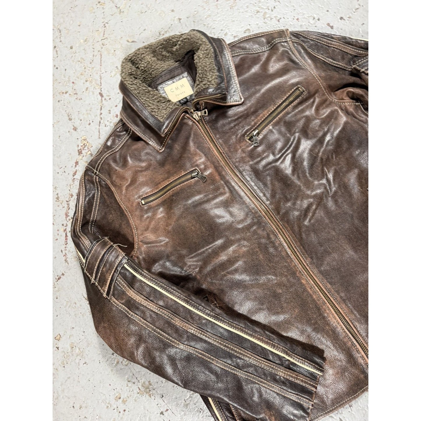 Vintage CMM Detachable Fur Collar Leather Faded Pinstripe Ja