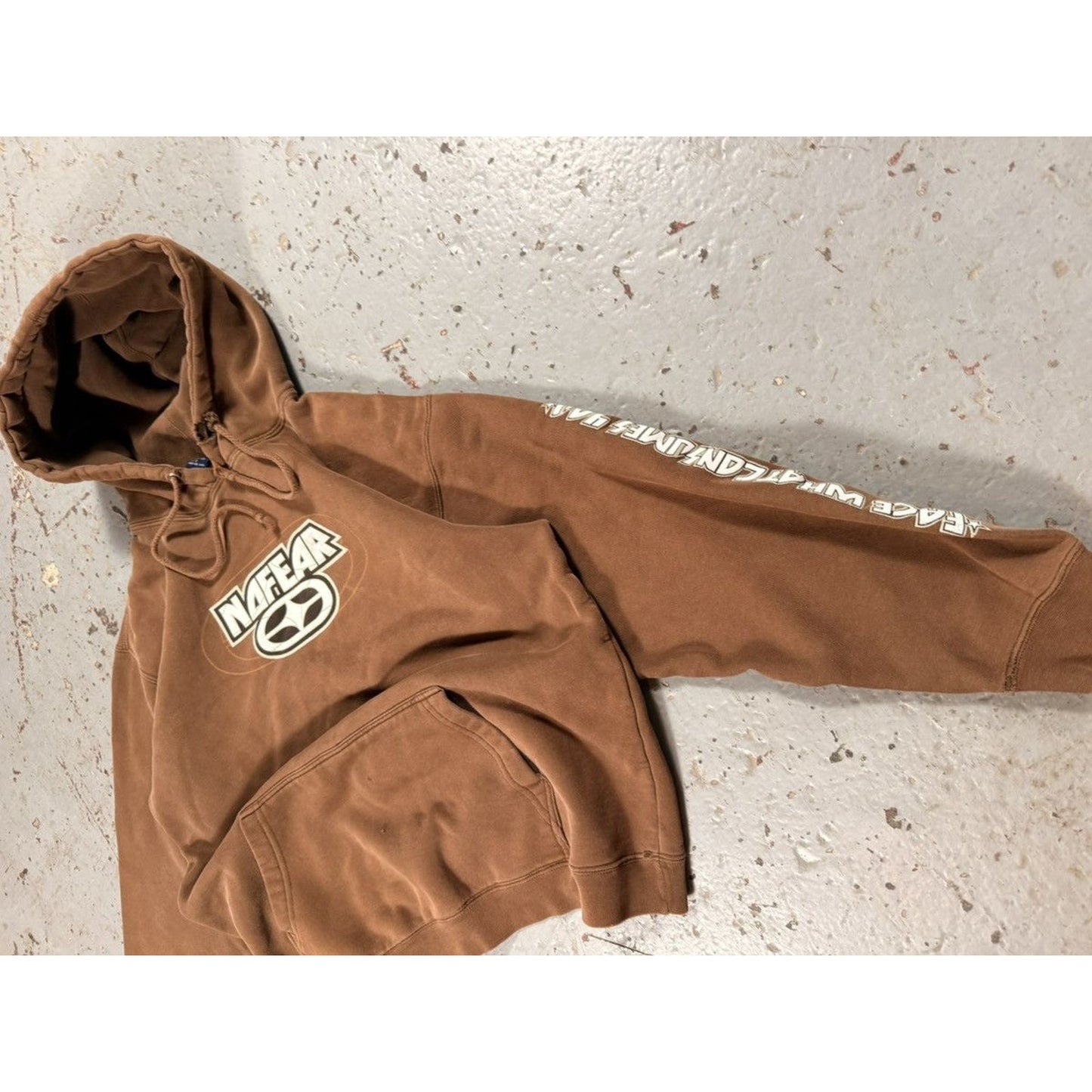 Vintage Distressed Mocha Brown No Fear Y2K Skate Hoodie