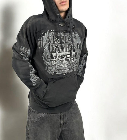 Vintage Thrashed Harley Davidson Skull Hoodie