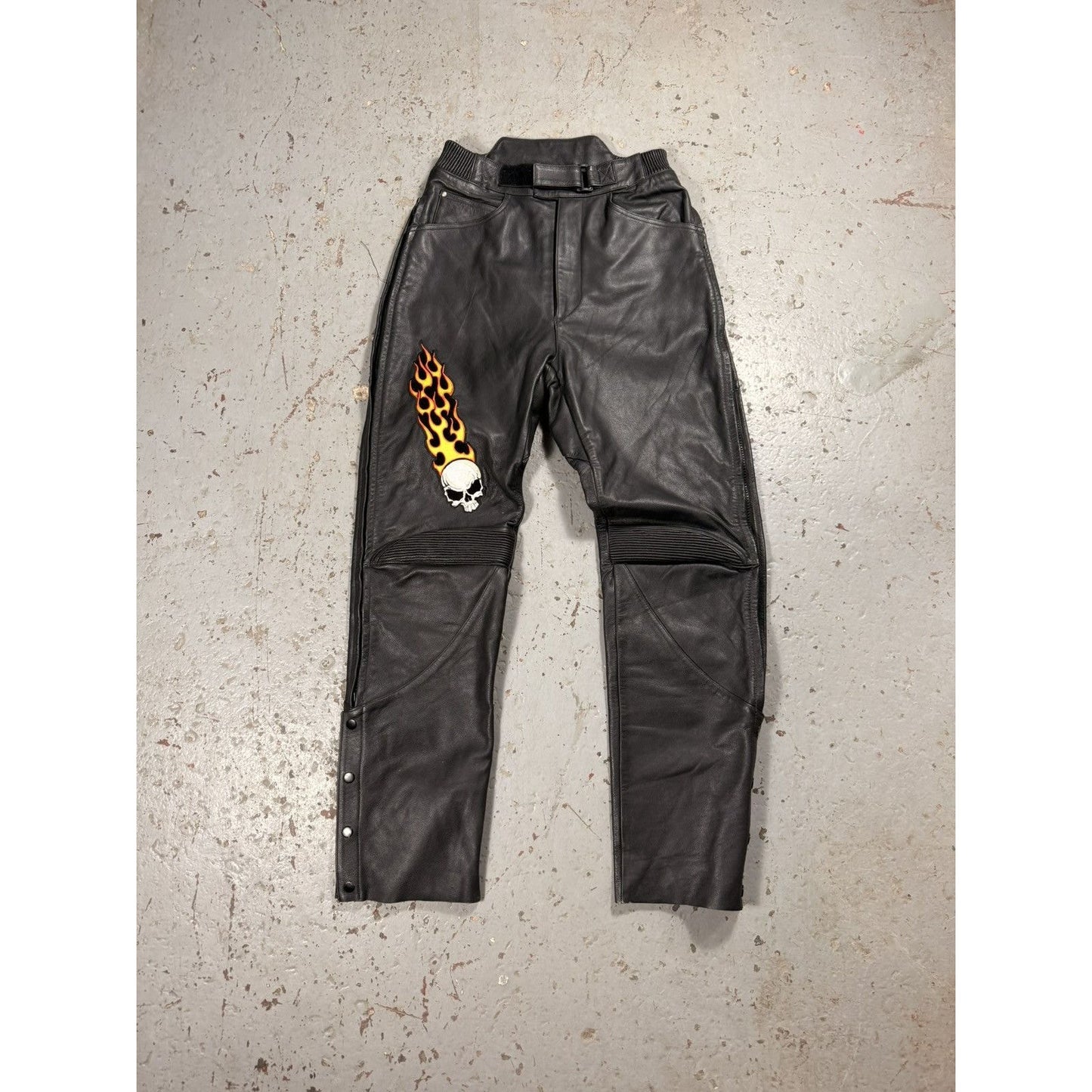 Crazy Vintage Flaming Skull Leather Pants