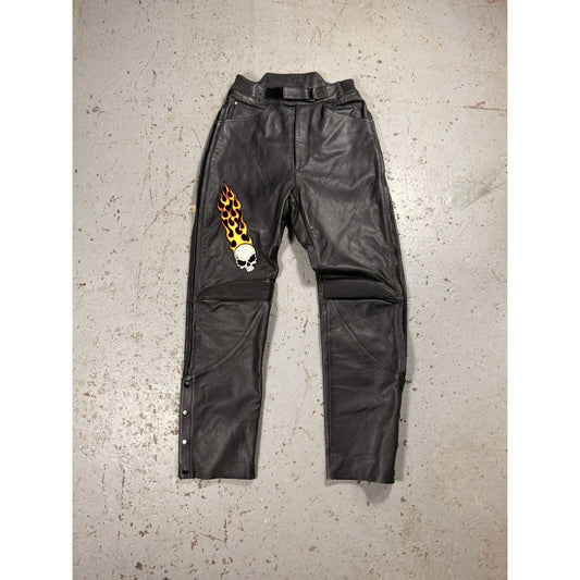 Crazy Vintage Flaming Skull Leather Pants