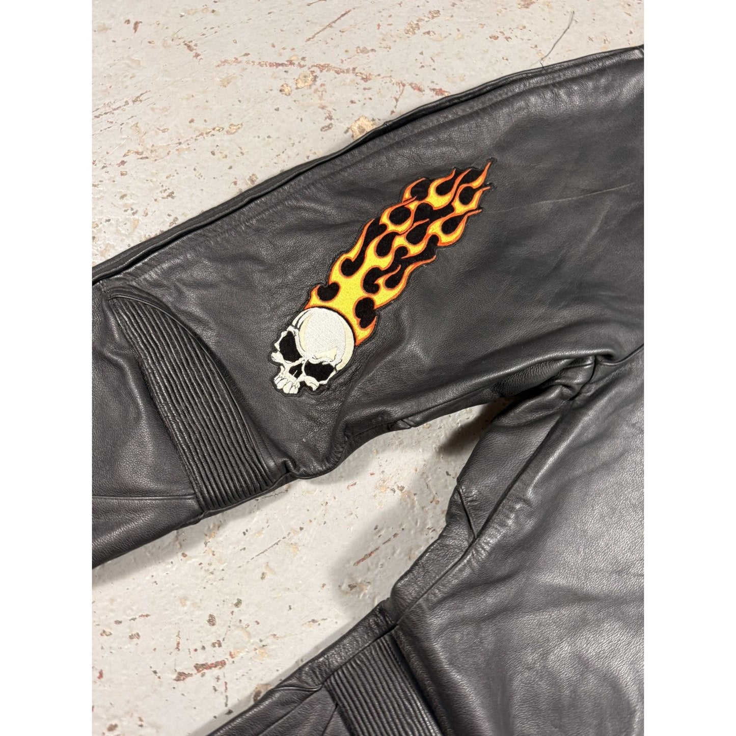 Crazy Vintage Flaming Skull Leather Pants