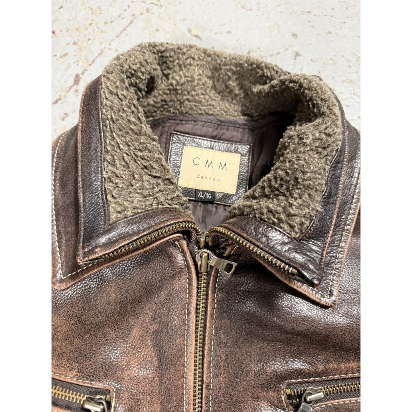 Vintage CMM Detachable Fur Collar Leather Faded Pinstripe Ja