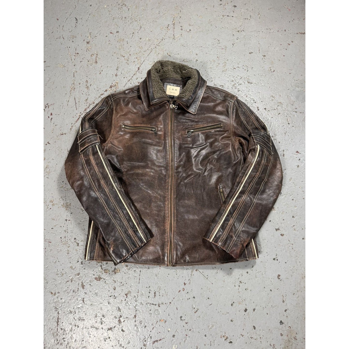 Vintage CMM Detachable Fur Collar Leather Faded Pinstripe Ja