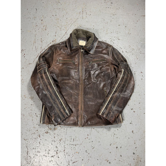 Vintage CMM Detachable Fur Collar Leather Faded Pinstripe Ja