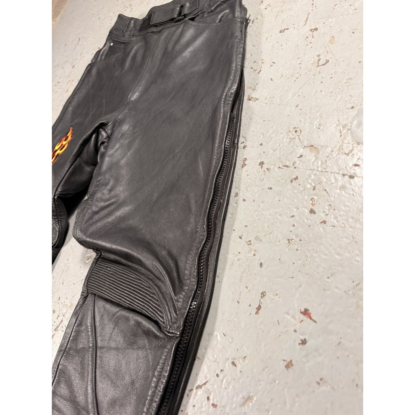 Crazy Vintage Flaming Skull Leather Pants