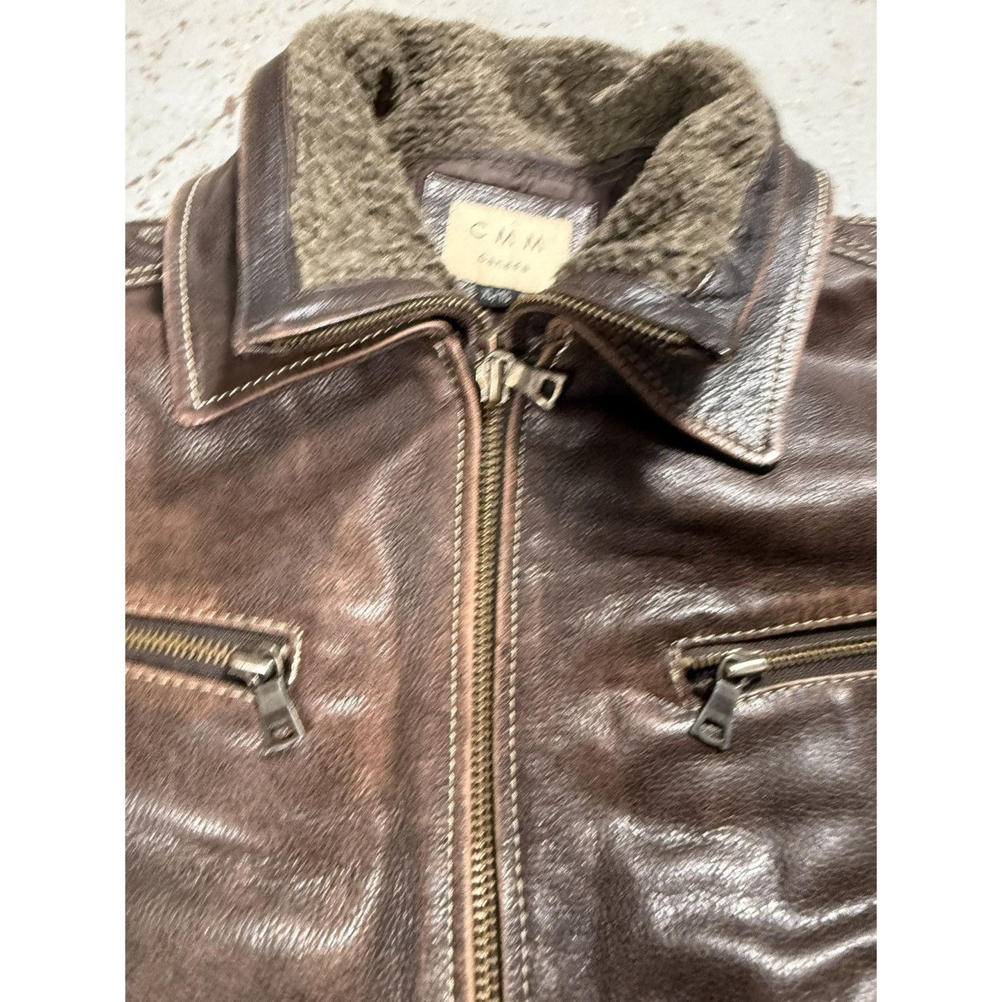 Vintage CMM Detachable Fur Collar Leather Faded Pinstripe Ja