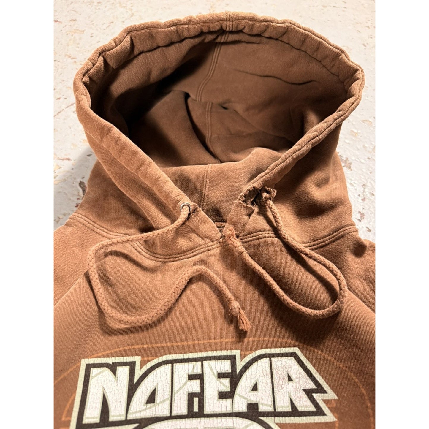 Vintage Distressed Mocha Brown No Fear Y2K Skate Hoodie