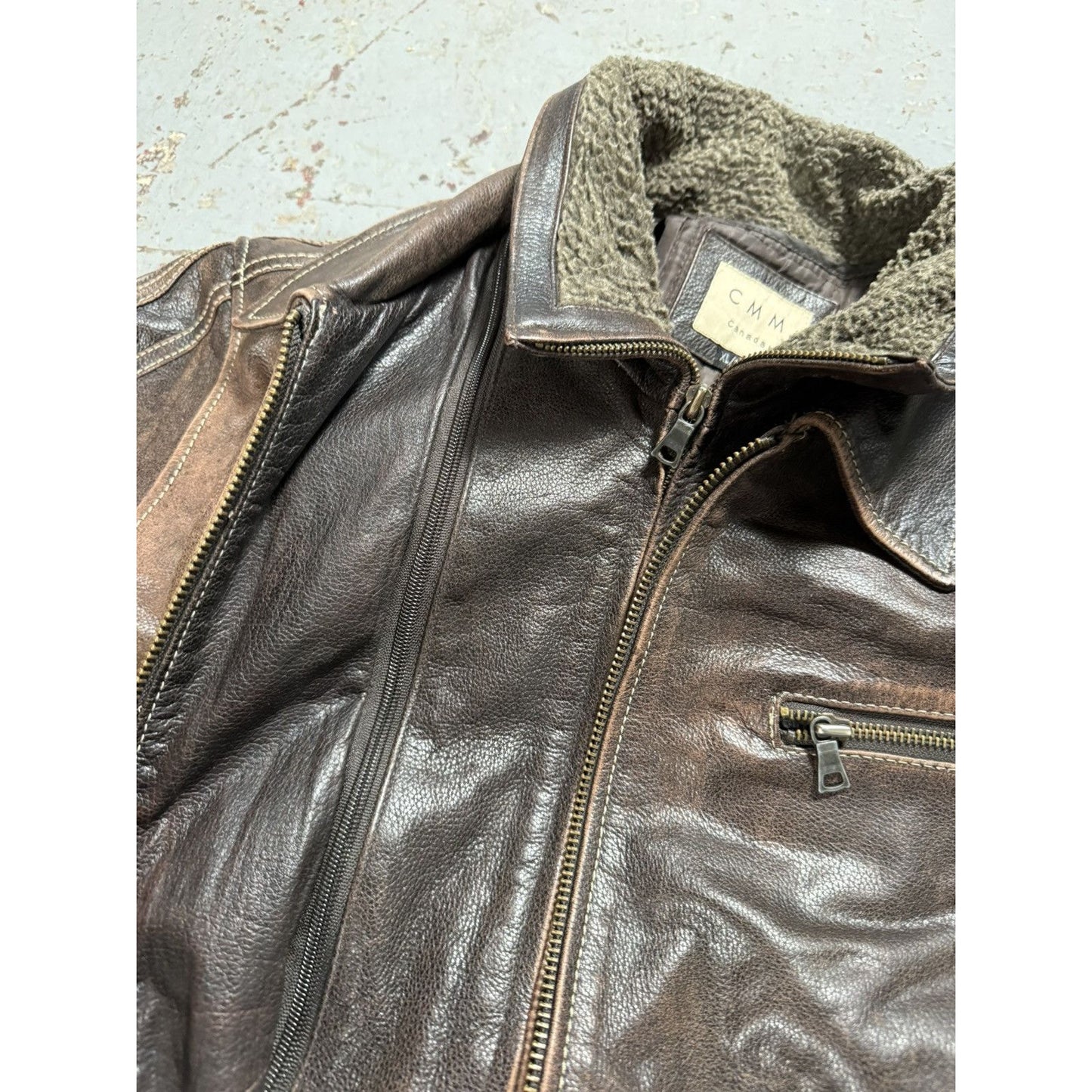 Vintage CMM Detachable Fur Collar Leather Faded Pinstripe Ja