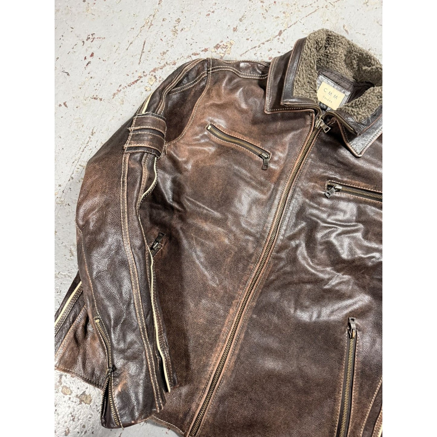 Vintage CMM Detachable Fur Collar Leather Faded Pinstripe Ja